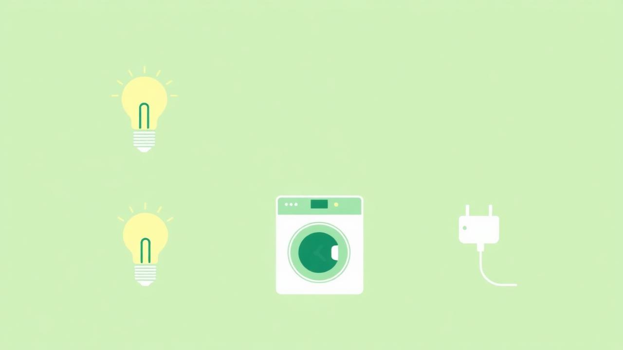 Iconos de bombilla LED, lavadora, nevera y enchufe con marcas verdes